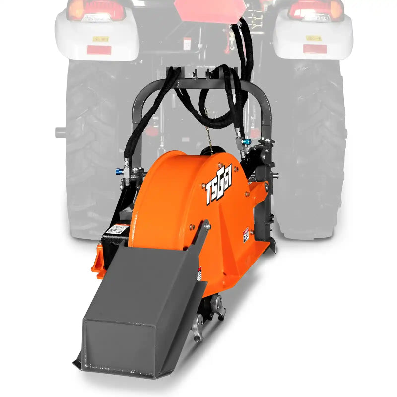 front view of orange MechMaxx TSG61 24-inch cutting wheel stump grinder with hydraulic hoses gallery position 1