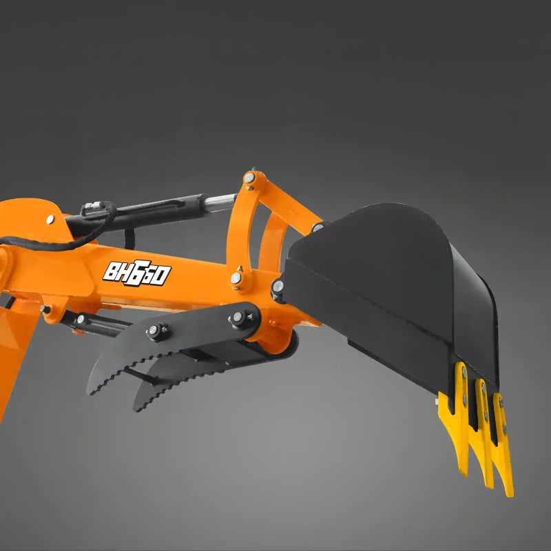close-up side view of orange MechMaxx BH660 7-foot backhoe attachment with black mechanical thumb and bucket teeth gallery position 1