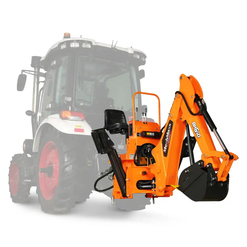 angled front view of orange MechMaxx BH660 7-foot tractor backhoe attachment with operator seat gallery position 1
