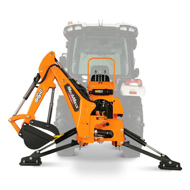 front view of orange MechMaxx BH660 7-foot tractor backhoe attachment with mechanical thumb gallery position 1