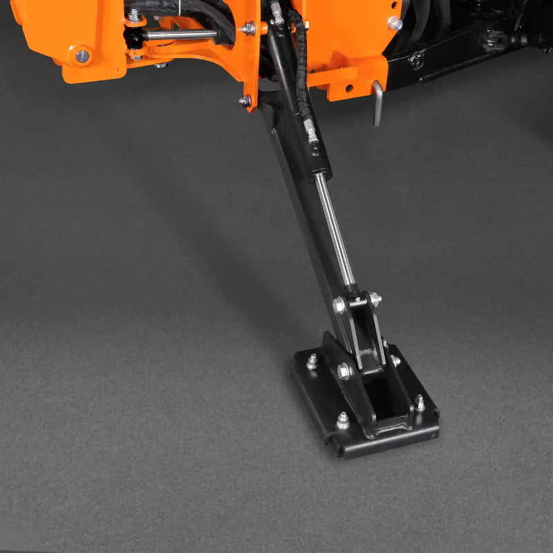 close-up of hydraulic stabilizer foot extended from orange MechMaxx BH760 8-foot tractor backhoe attachment gallery position 1