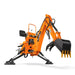 side perspective of orange MechMaxx BH760 8-foot tractor backhoe attachment with hydraulic thumb gallery position 1