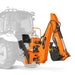 side angle of orange MechMaxx BH680 9-foot tractor backhoe attachment with hydraulic thumb at gallery position 1