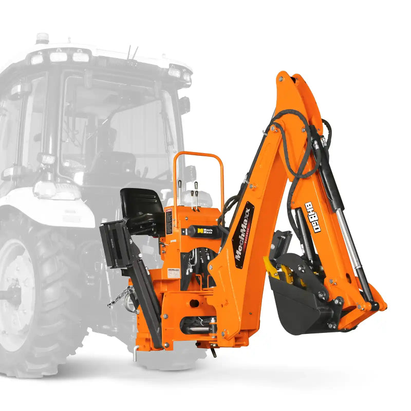 side angle of orange MechMaxx BH680 9-foot tractor backhoe attachment with hydraulic thumb at gallery position 1