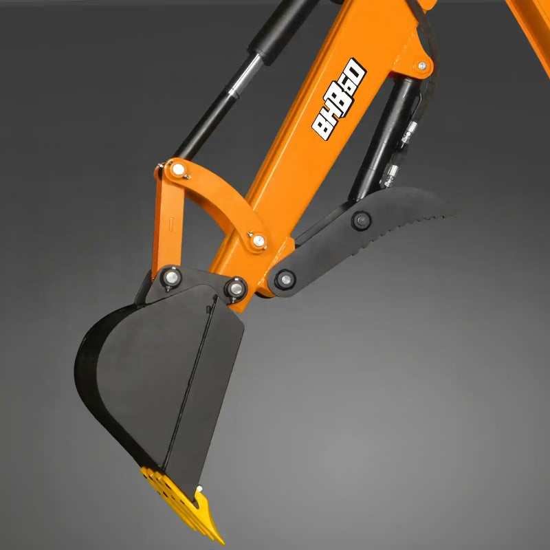 close-up view of orange MechMaxx BH680 9-foot tractor backhoe attachment with hydraulic thumb at gallery position 1