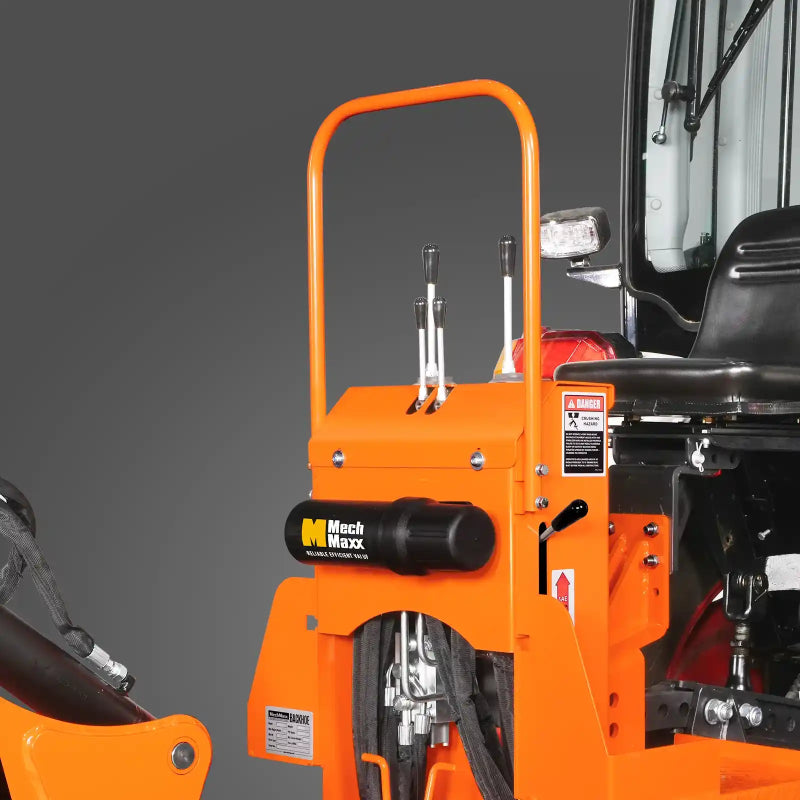 close-up of control panel and operator seat on orange MechMaxx BH680 9-foot tractor backhoe attachment gallery position 1