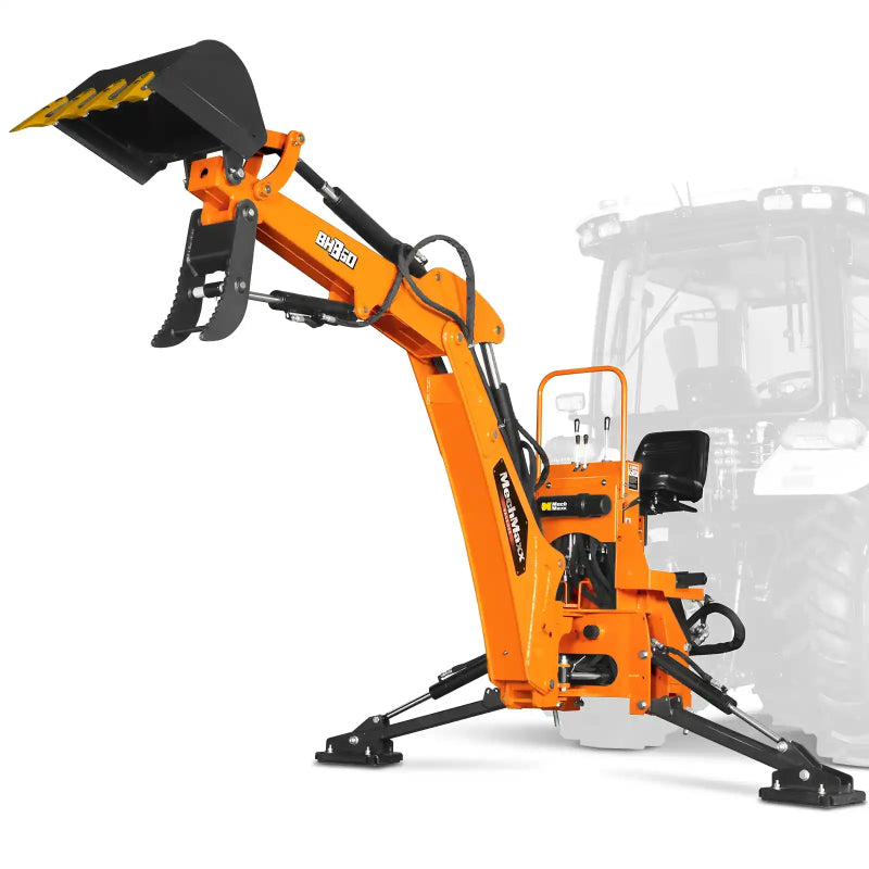 full side view of orange MechMaxx BH680 9-foot tractor backhoe attachment with hydraulic thumb at gallery position 1