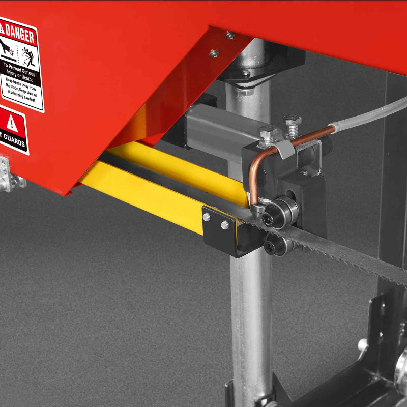 close-up of blade guide and lubrication pipe on MechMaxx 18" portable sawmill at gallery position 1