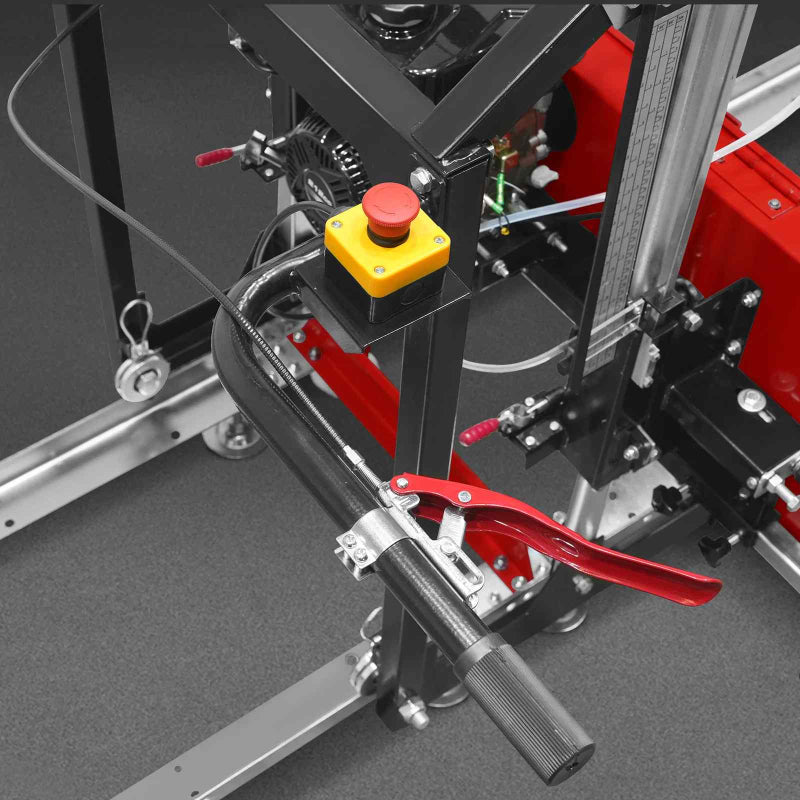 close-up of emergency stop button and hand lever on MechMaxx 18" portable sawmill at gallery position 1