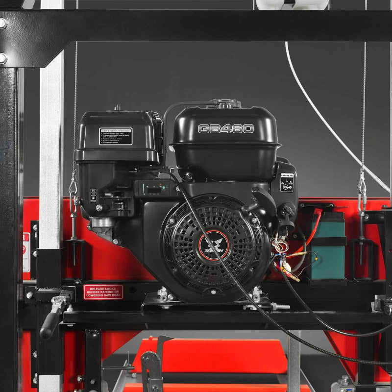 front close-up of 459cc ZONSEN GB460B single-cylinder gasoline engine mounted on MechMaxx 26" sawmill at gallery position 1
