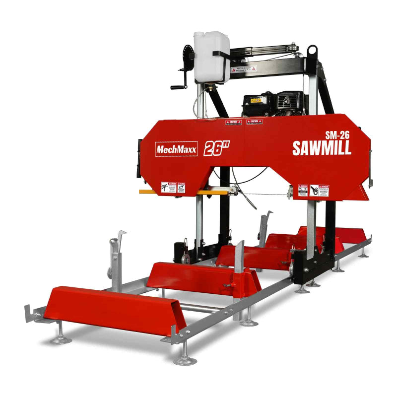 side perspective of red MechMaxx 26" portable sawmill with 459cc 15HP ZONSEN GB460B engine at gallery position 1