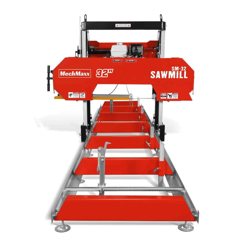 front view of red MechMaxx 32" portable sawmill with 3 ton load-bearing track at gallery position 1