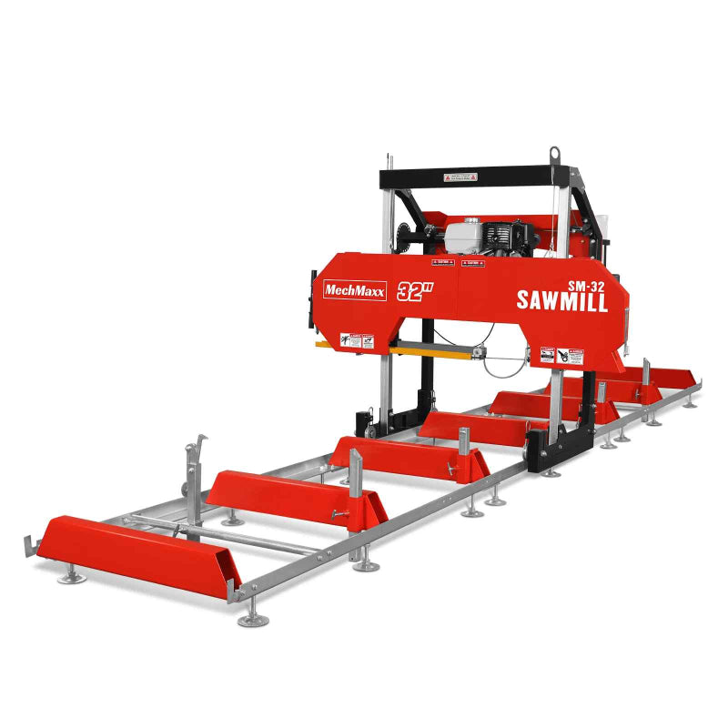 angled view of red MechMaxx 32" portable sawmill with 459cc 15HP E-Start gasoline engine at gallery position 1
