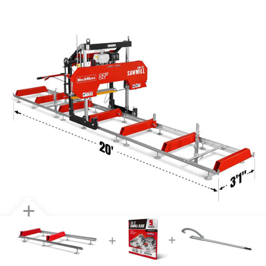 angled view of red MechMaxx 32" portable sawmill with 20ft by 3ft 1in track at gallery position 1