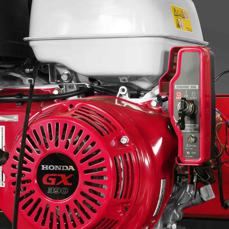 close-up front view of red Honda GX390 gasoline engine with key start switch on MechMaxx 32 sawmill at gallery position 1