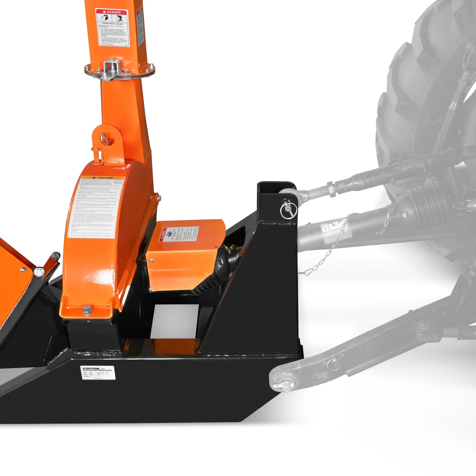 Orange PTO attachment with tall vertical housing, black three point hitch frame, and tractor linkage