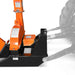 Orange PTO attachment with tall vertical housing, black three point hitch frame, and tractor linkage