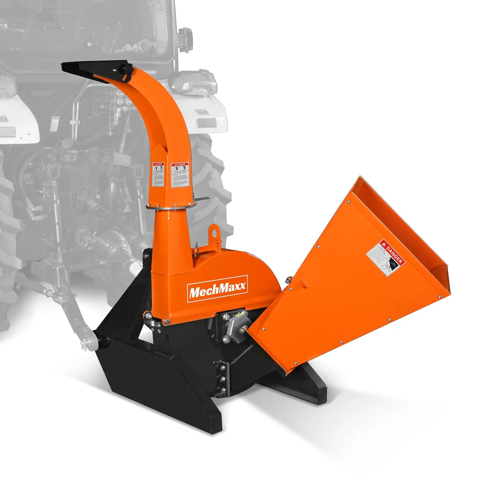 Orange PTO wood chipper with angled feed hopper, curved discharge chute, black frame, and tractor linkage