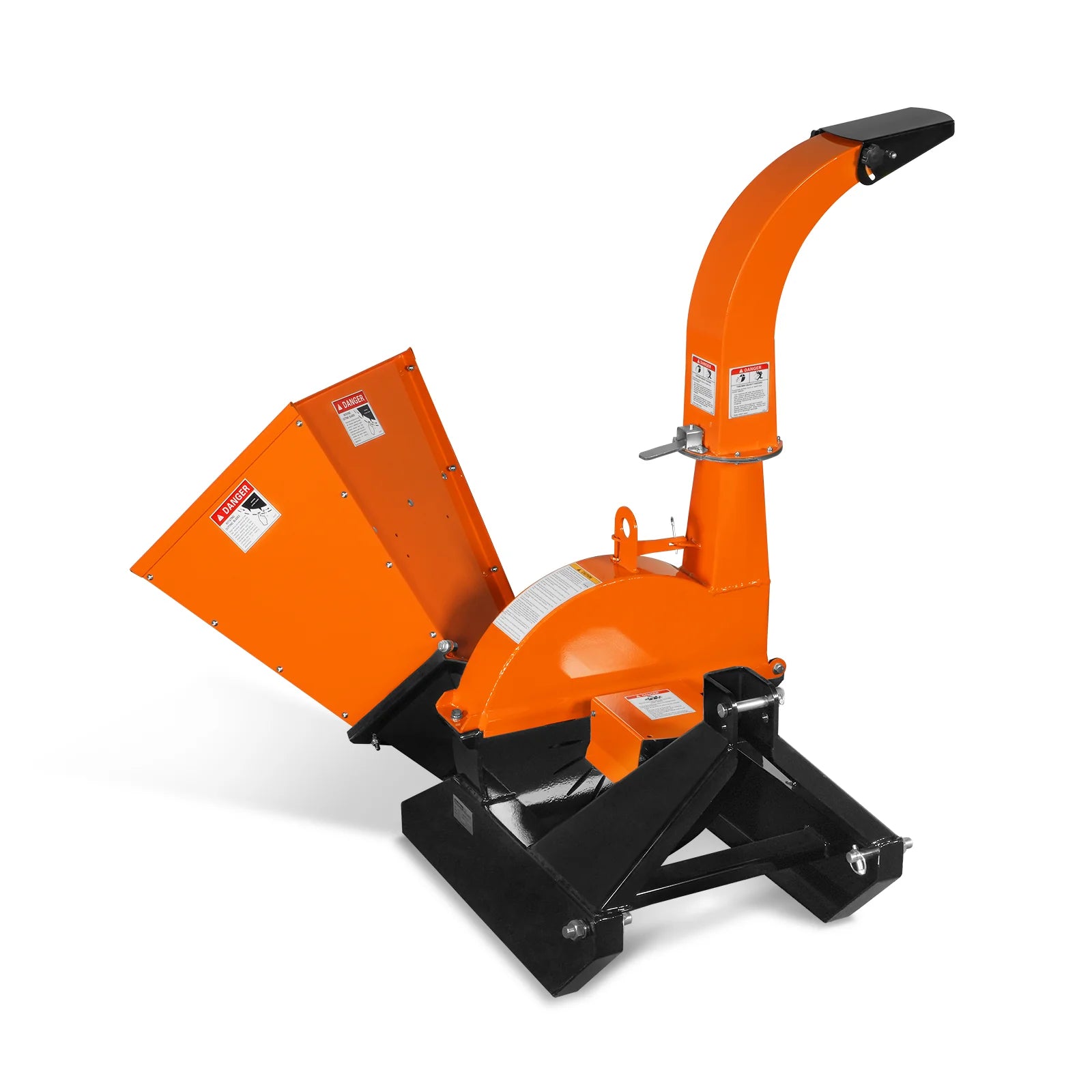 Orange wood chipper with wide feed hopper, curved discharge chute, and black three point hitch frame