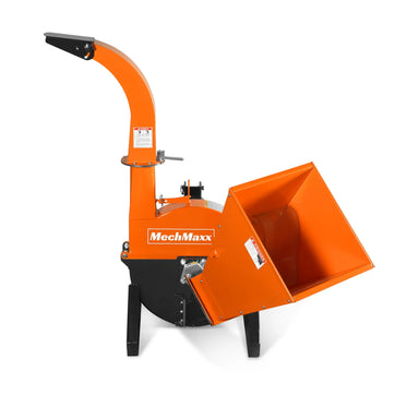 Orange wood chipper with tall discharge chute, large feed hopper, black housing, and support legs