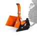 Orange PTO snow blower attachment with wide intake housing, tall discharge chute, and black three point hitch frame