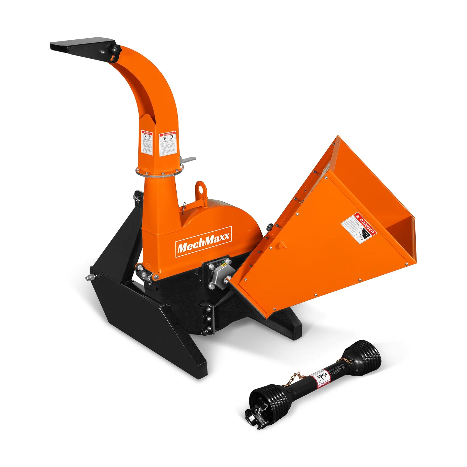 Orange PTO wood chipper with curved discharge chute, triangular feed hopper, black frame, and detached drive shaft