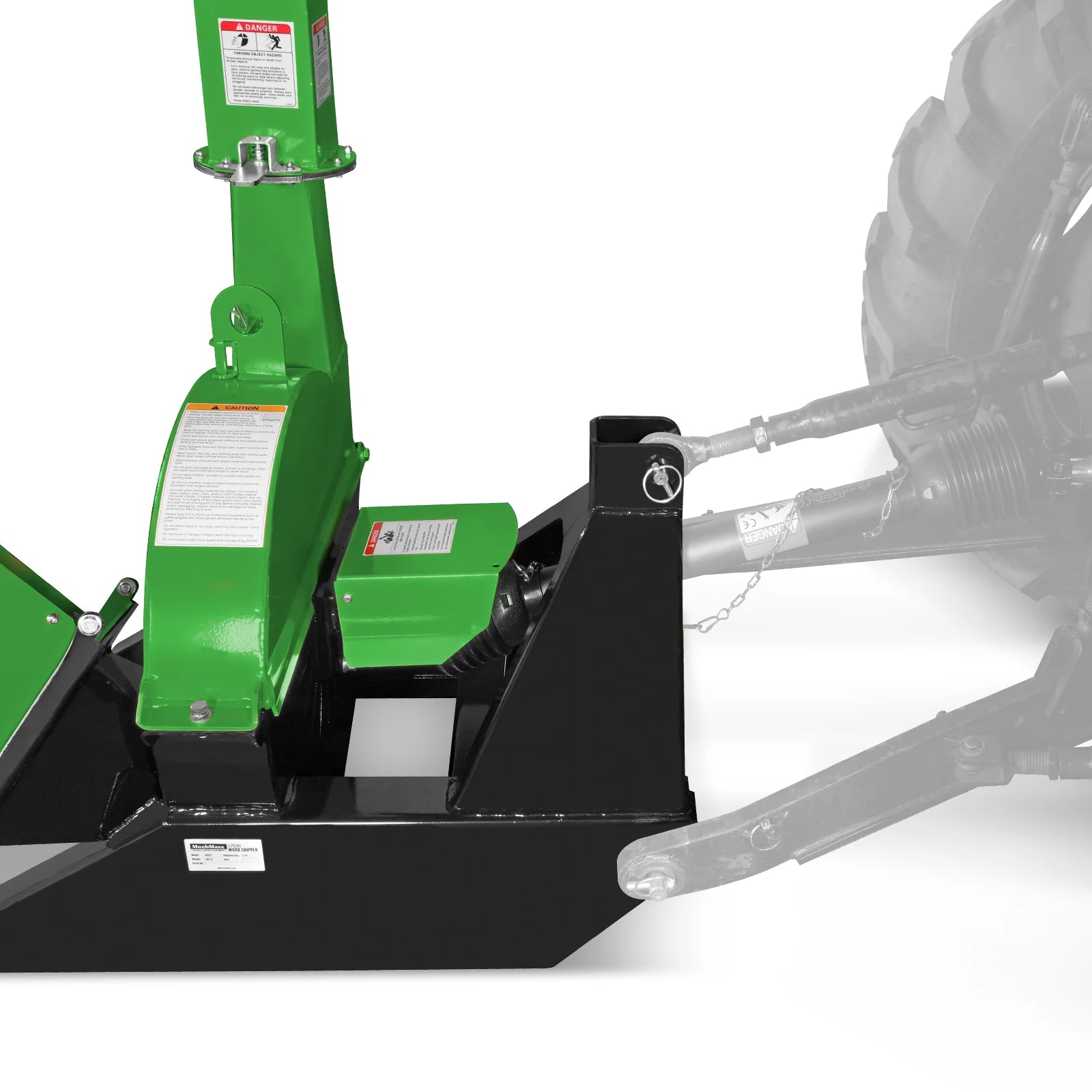 Green PTO wood chipper attachment with tall vertical housing, black three point hitch frame, and tractor linkage