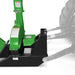 Green PTO wood chipper attachment with tall vertical housing, black three point hitch frame, and tractor linkage