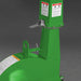 Green equipment attachment with tall housing, warning labels, metal latch, and curved lower body