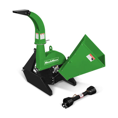 Green PTO wood chipper with curved discharge chute, triangular feed hopper, black frame, and detached PTO shaft