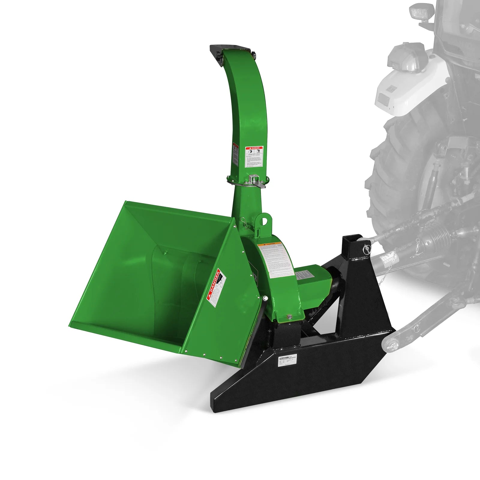 Green PTO wood chipper with wide feed hopper, tall curved discharge chute, and black three point hitch frame