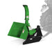 Green PTO wood chipper with wide feed hopper, tall curved discharge chute, and black three point hitch frame