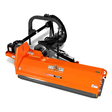 angled front view of orange Angry Bear 72-inch 3-point PTO flail mower with roller and hitch at gallery position 1
