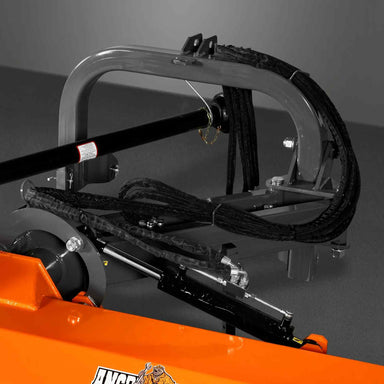 close-up of black hydraulic hoses and PTO shaft on orange MechMaxx 72-inch offset ditch bank flail mower at gallery position 1