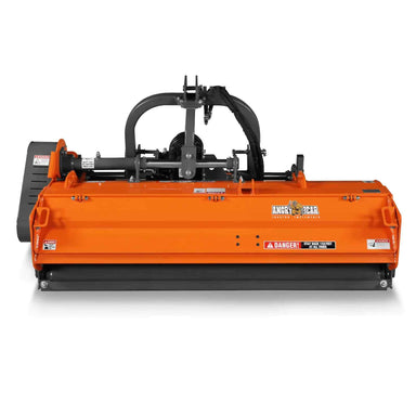 front view of orange Angry Bear 72-inch PTO flail mower with hydraulic side shift at gallery position 1