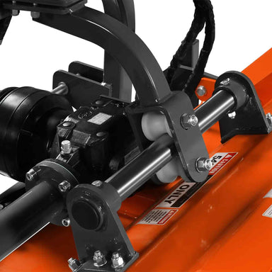 close-up of PTO shaft and gearbox assembly on orange MechMaxx 87-inch flail mower with hydraulic side shift gallery 1