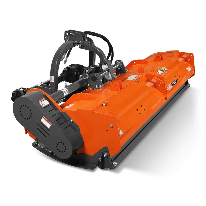 angled right-front view of orange MechMaxx 87-inch PTO flail mower with hydraulic side shift at gallery position 1