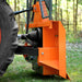 Orange tractor-mounted winch attachment with black mesh guard, PTO shaft, cable spool, and protective housing