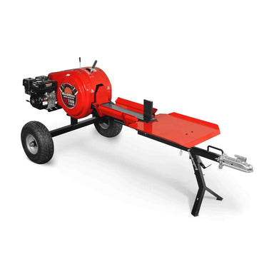 angled right-front view of red MechMaxx 34 ton kinetic fast log splitter with engine at gallery position 1