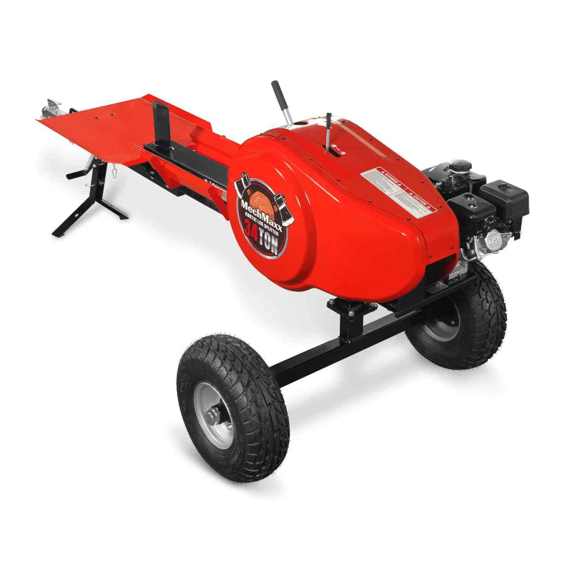 angled left-front view of red MechMaxx 34 ton kinetic fast log splitter with engine at gallery position 1