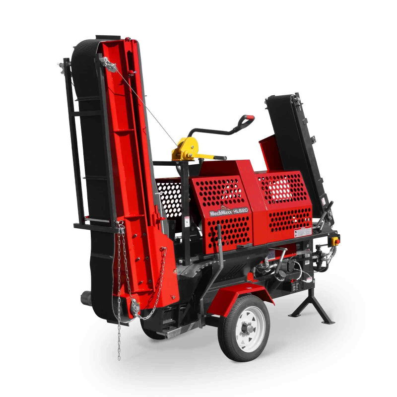 MechMaxx GX390 firewood log splitter processor with red frame, conveyor extended, gallery position 1 angle view