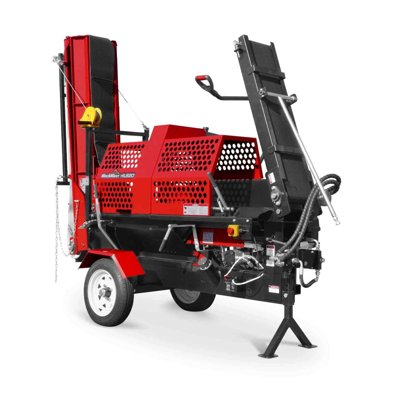 MechMaxx GX390 firewood log splitter processor with red frame and conveyor, gallery position 1 front side view