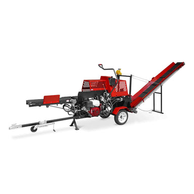 MechMaxx GX390 firewood log splitter processor with red frame and conveyor, gallery position 1 side angle view