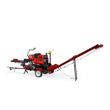 MechMaxx GX390 firewood log splitter processor with conveyor, red frame, white background, gallery position 1