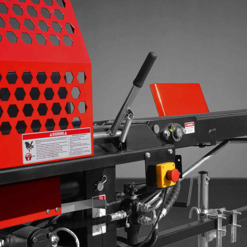Close-up of hydraulic controls, safety warnings, and red protective metal grille on MechMaxx firewood log splitter processor gallery position 1