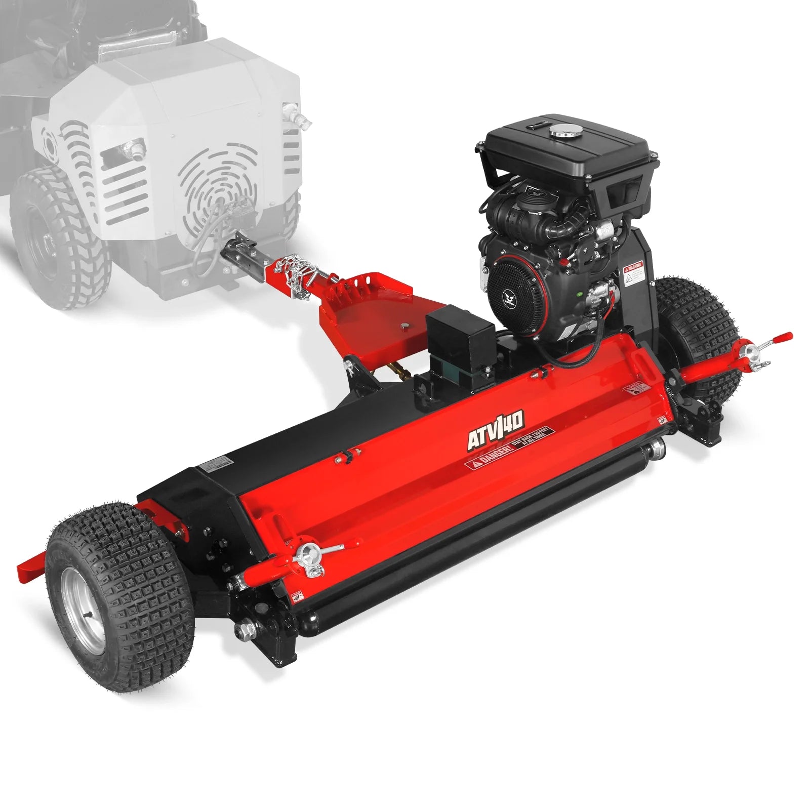 Red tow-behind rough cut mower with black gasoline engine, treaded tires, red deck, and rear hitch