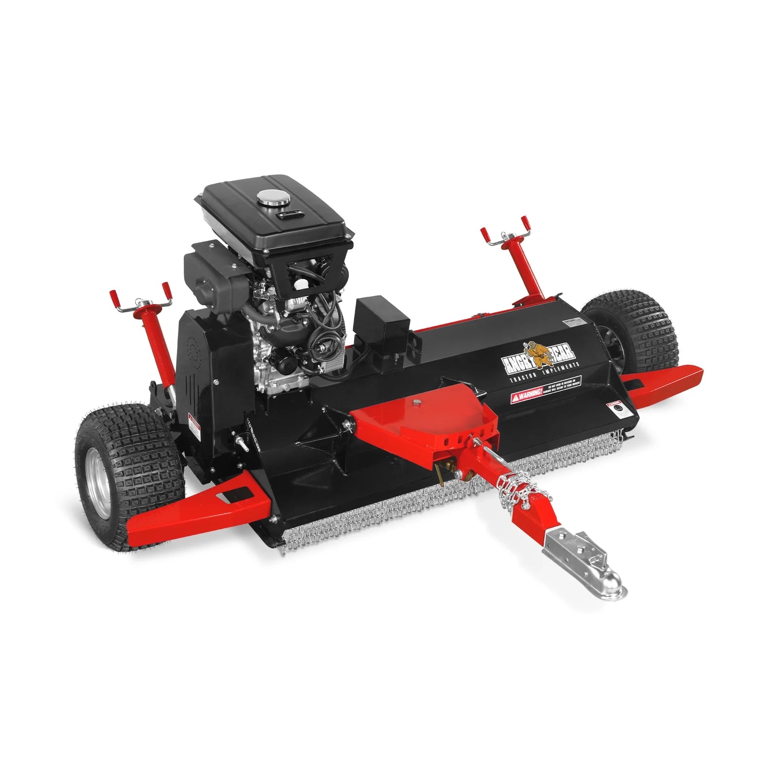 Red and black tow-behind rough cut mower with gasoline engine, wide cutting deck, treaded tires, and front hitch