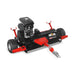 Red and black tow-behind rough cut mower with gasoline engine, wide cutting deck, treaded tires, and front hitch