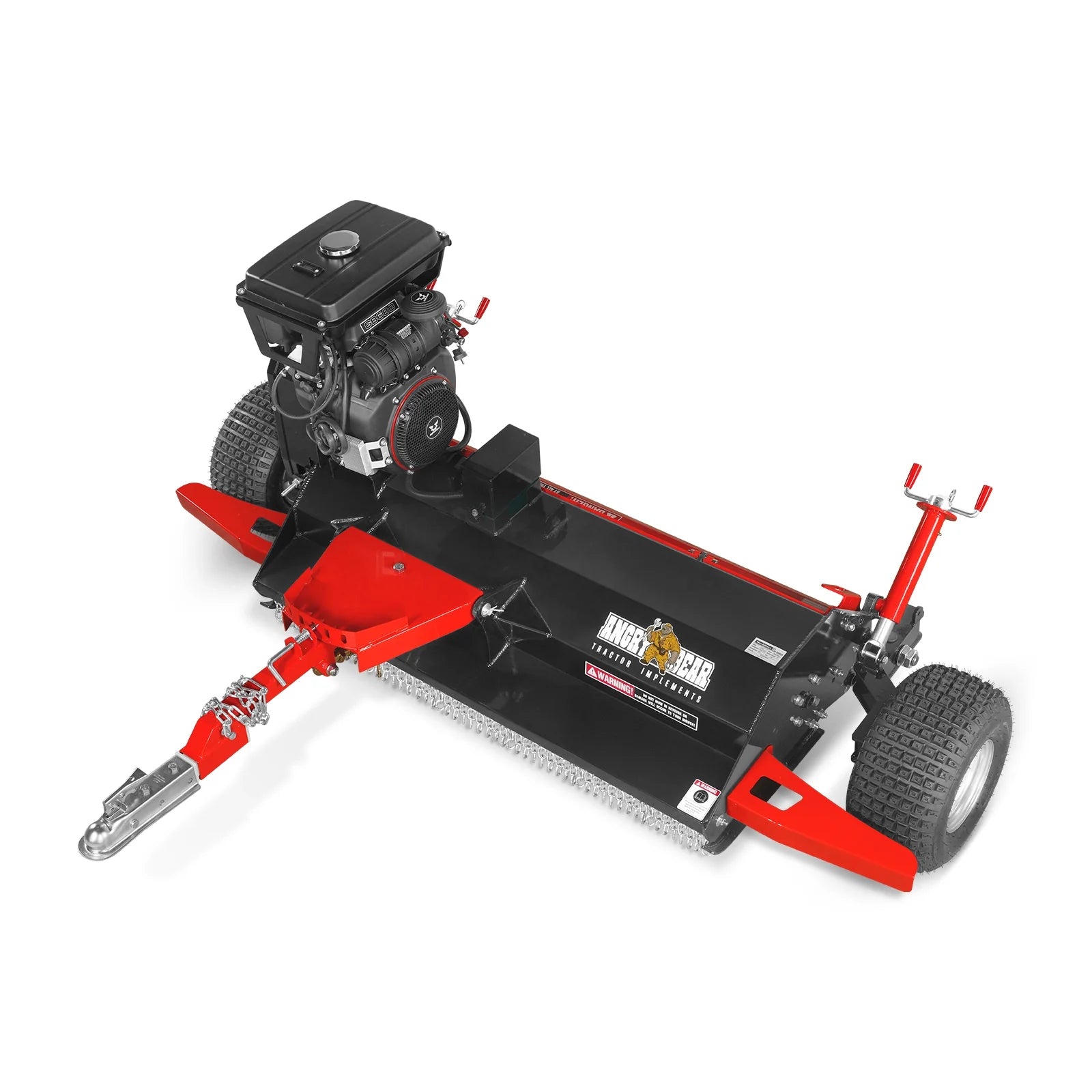 Red and black tow-behind rough cut mower with gasoline engine, wide deck, treaded tires, hitch, and height adjustment levers