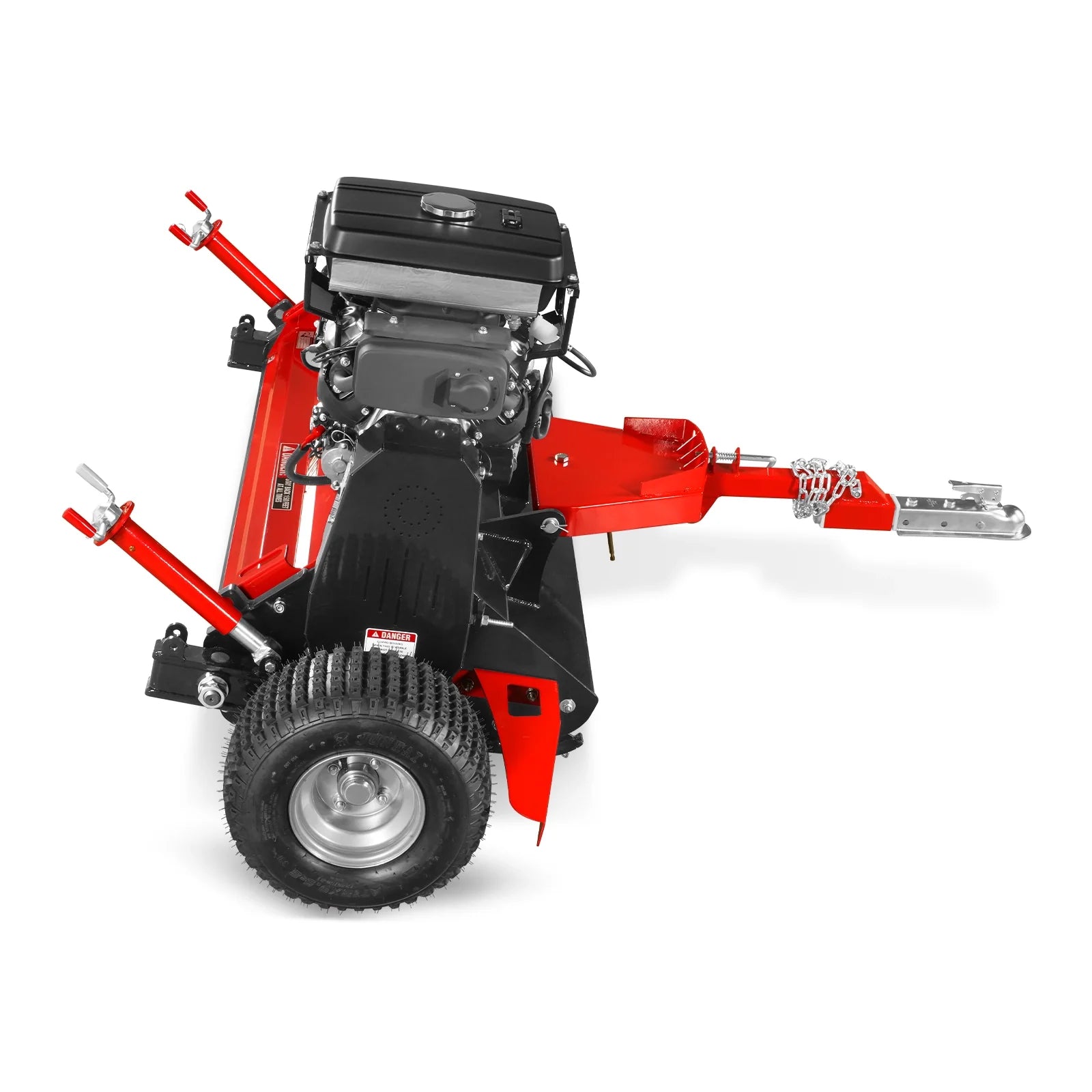 Red and black tow-behind rough cut mower with gasoline engine, treaded wheel, adjustment levers, and hitch